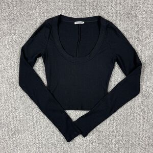Reformation Top Womens Small Black Ribbed Long Sleeve Scoop Neck Crop USA